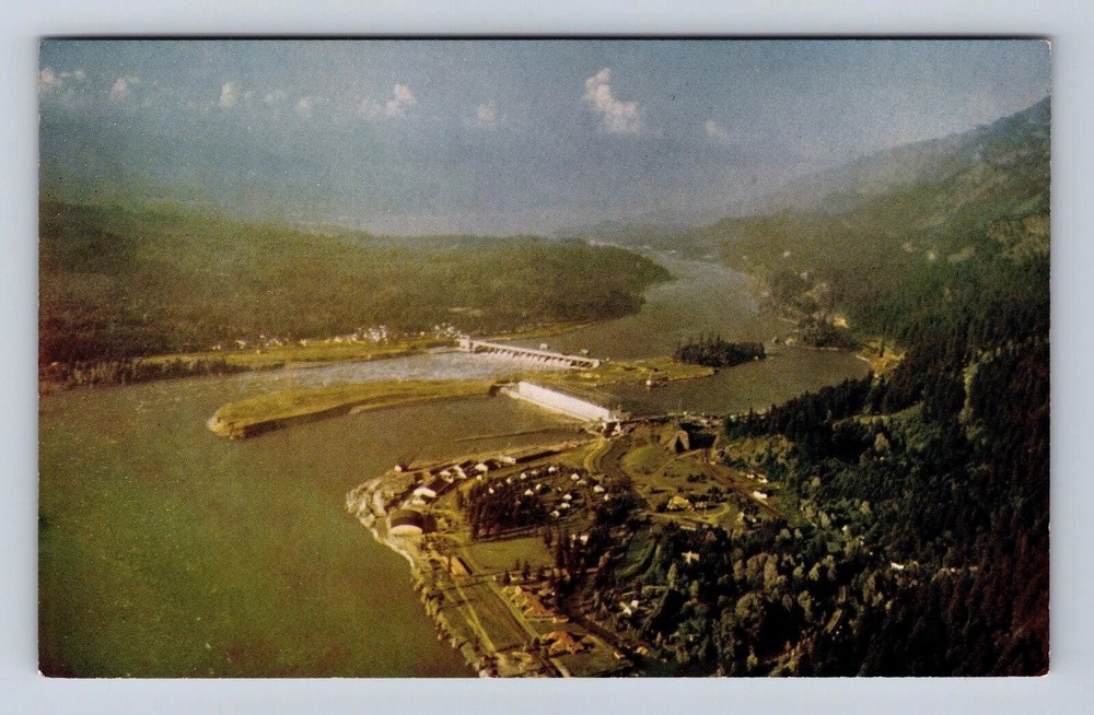 Portland OR-Oregon, Aerial View Bonneville Dam, Antique Vintage Postcard