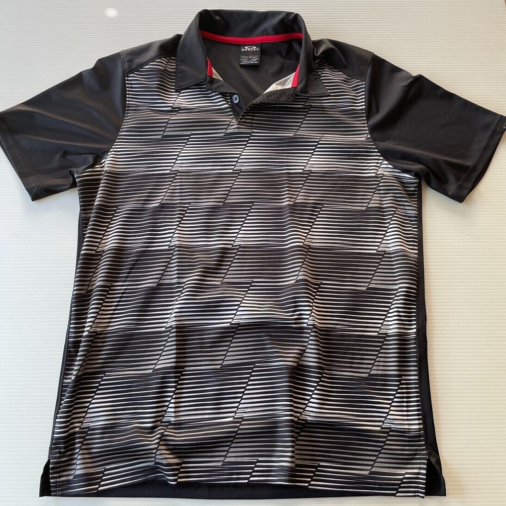 Oakley Striped Mens Athletic Polo Shirt Size M Black Sporty Collared Fit