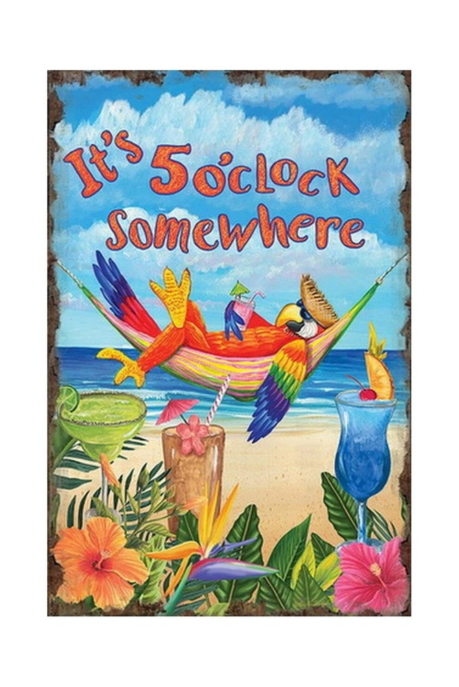 Retro Tin Sign Vintage Beach Metal Poster, 5 O'clock Parrot, Wall Art Decor C...