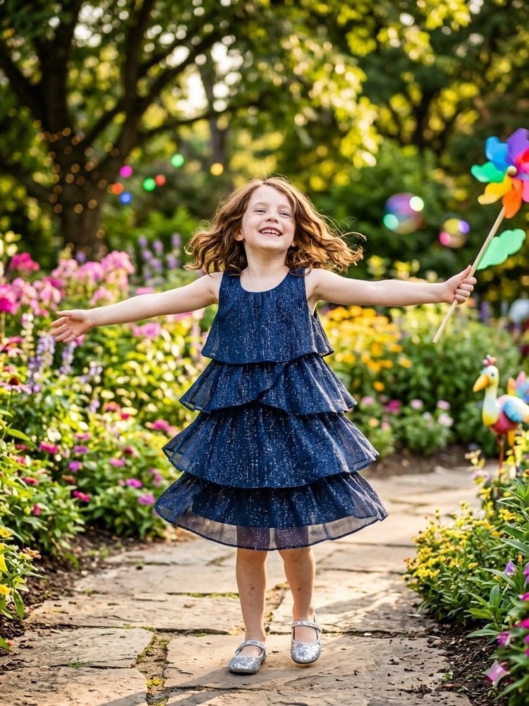 Gap Kids Navy Blue Shimmer Tiered Ruffle Party Dress - Size 6-7
