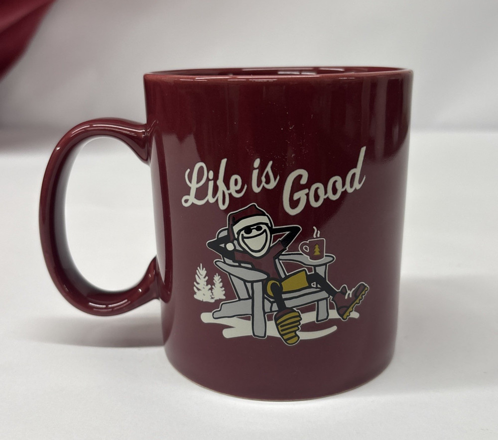 Life Is Good Santa Hat Red Maroon 16 oz Coffee Mug Snow Adirondack Chair  NEW