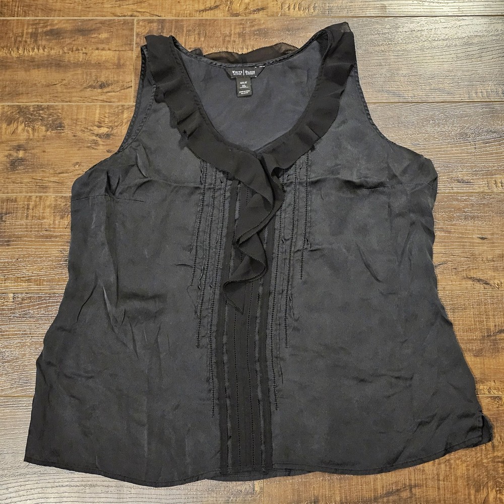 White House Black Market 100% Silk Sleeveless Blouse Tank Top Ruffle Black XL