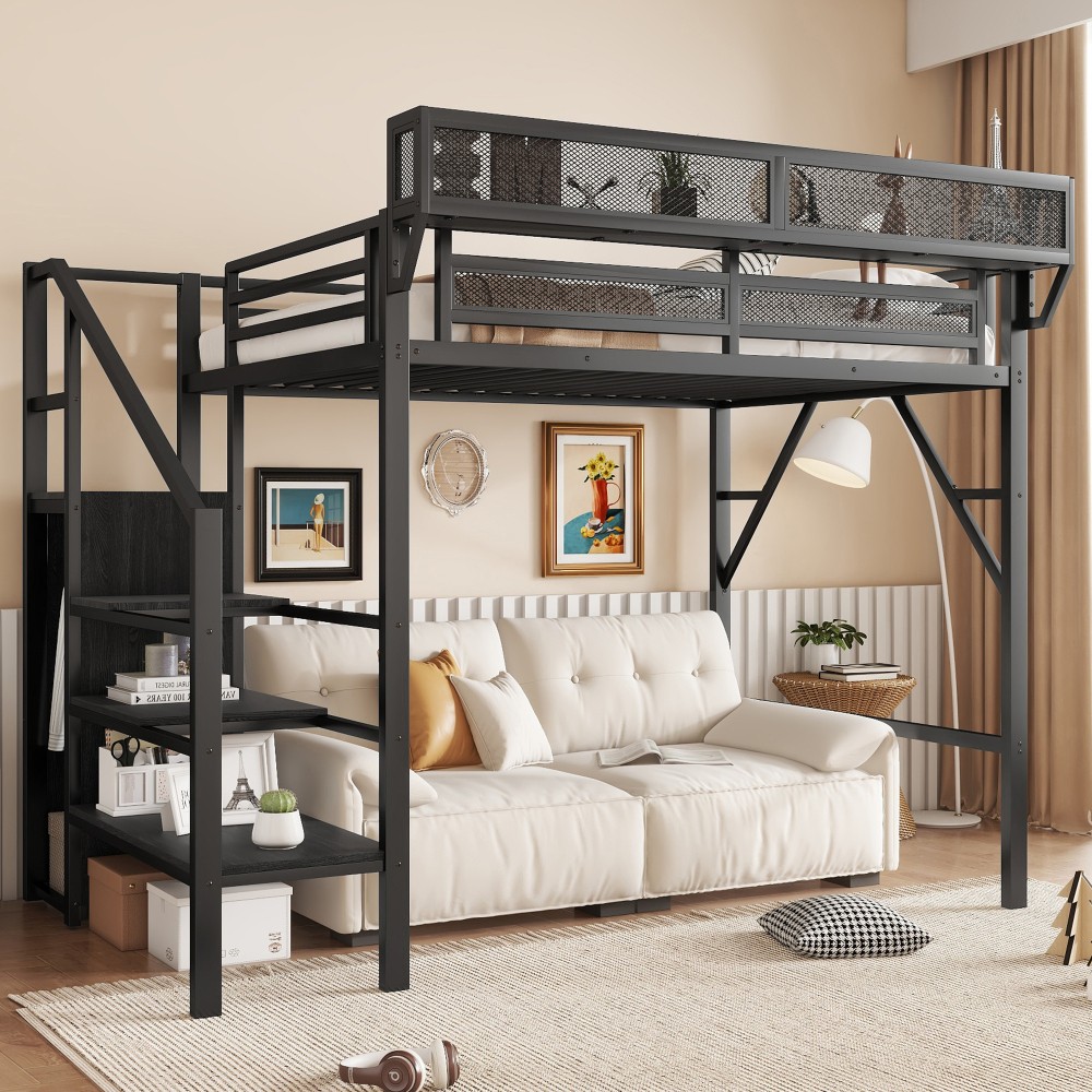 Twin Size Loft Bed Stairs Metal Twin Loft Bed with Storage Shelves High Loft Bed