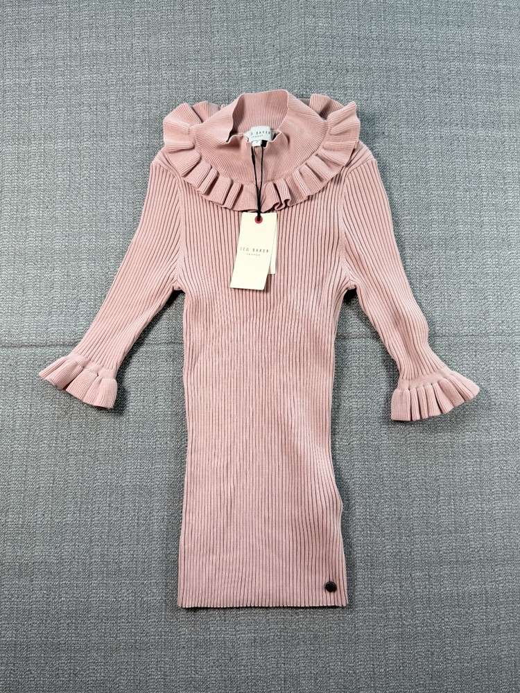 Ted Baker Ribbed Knit Bodycon Katella Fitted Top Women 2 Pink Stretch Frill Neck