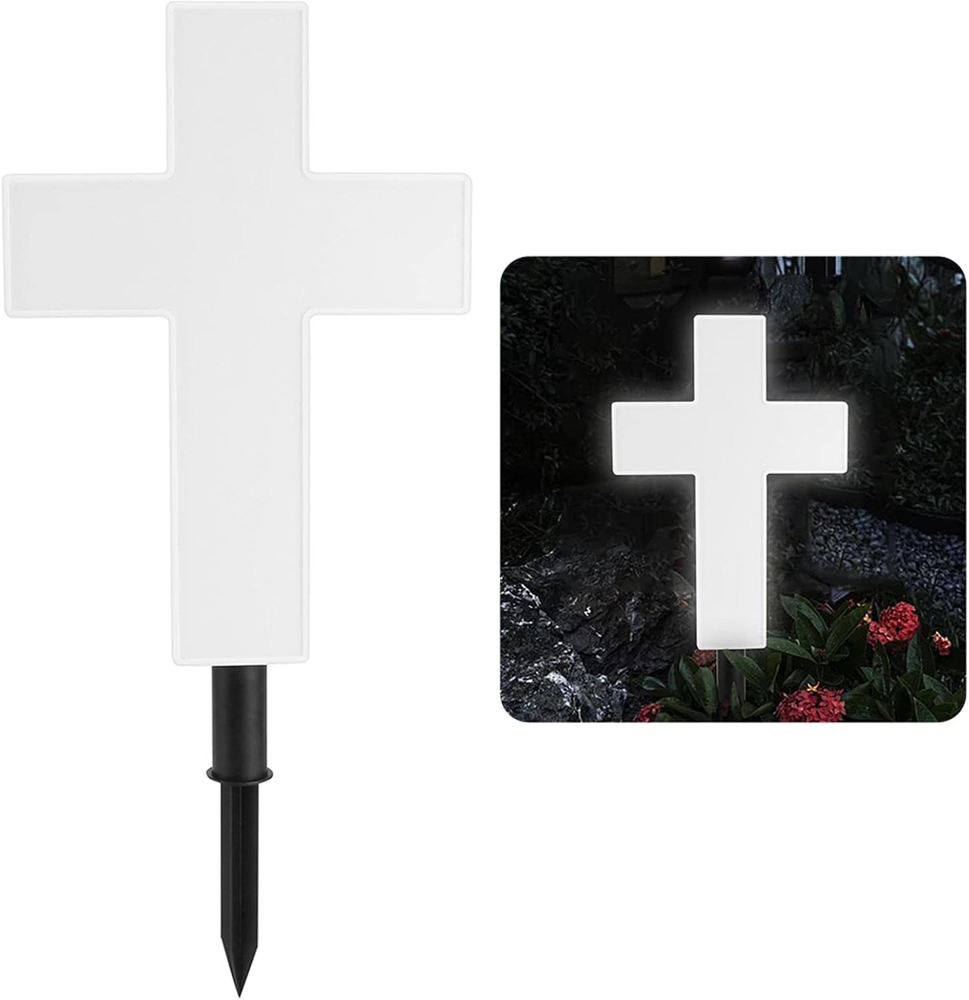 Solar-Powered White Garden Cross Grave Stake for Memorial Home Decor