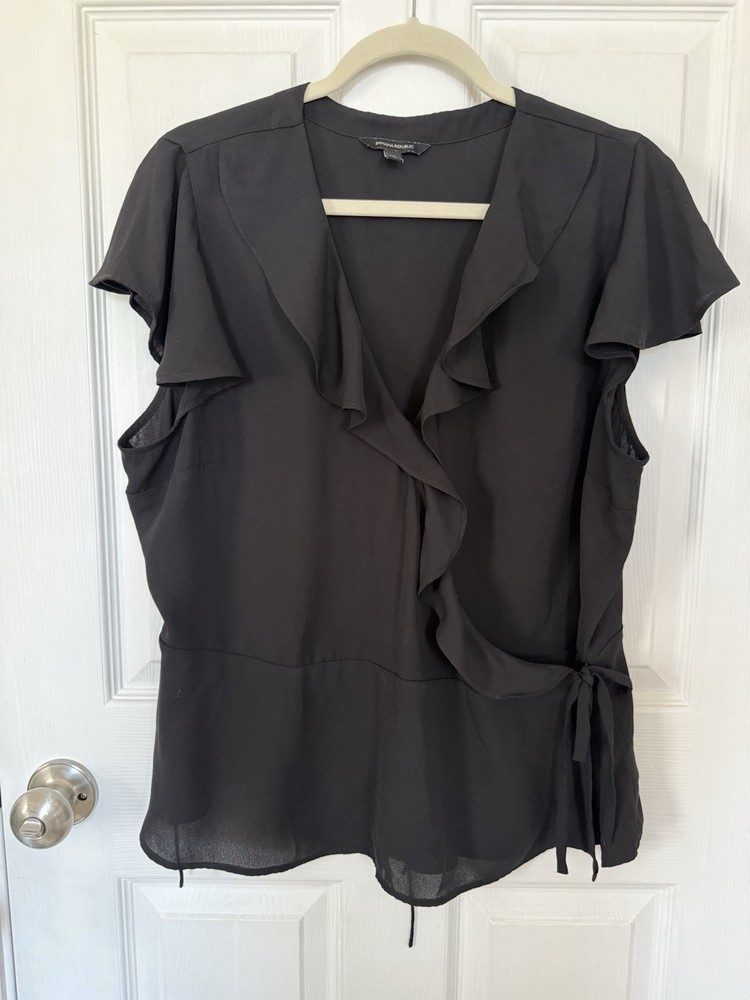 Banana Republic Women’s XL Black Chiffon Wrap Blouse V-Neck Ruffle Tie