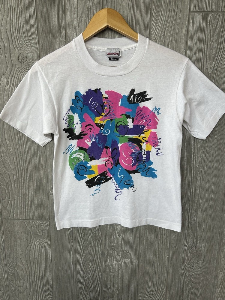 Vintage 80s Abstract Graphic T-Shirt Fruit of the Loom BEST Youth Small USA-image