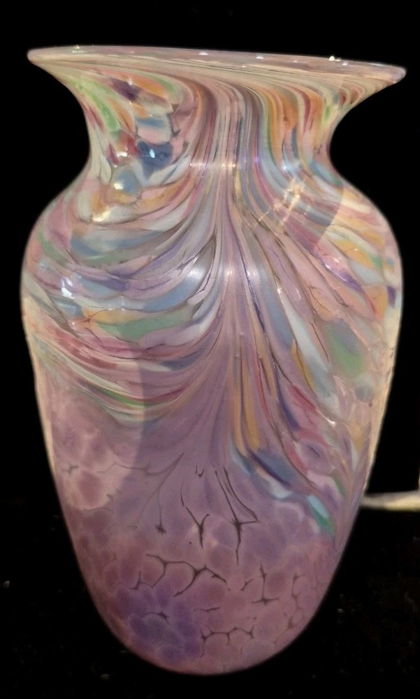 Hand Blown Iridescent  Pink Glass Vase Pulled Feather Iridescent Signed Dated