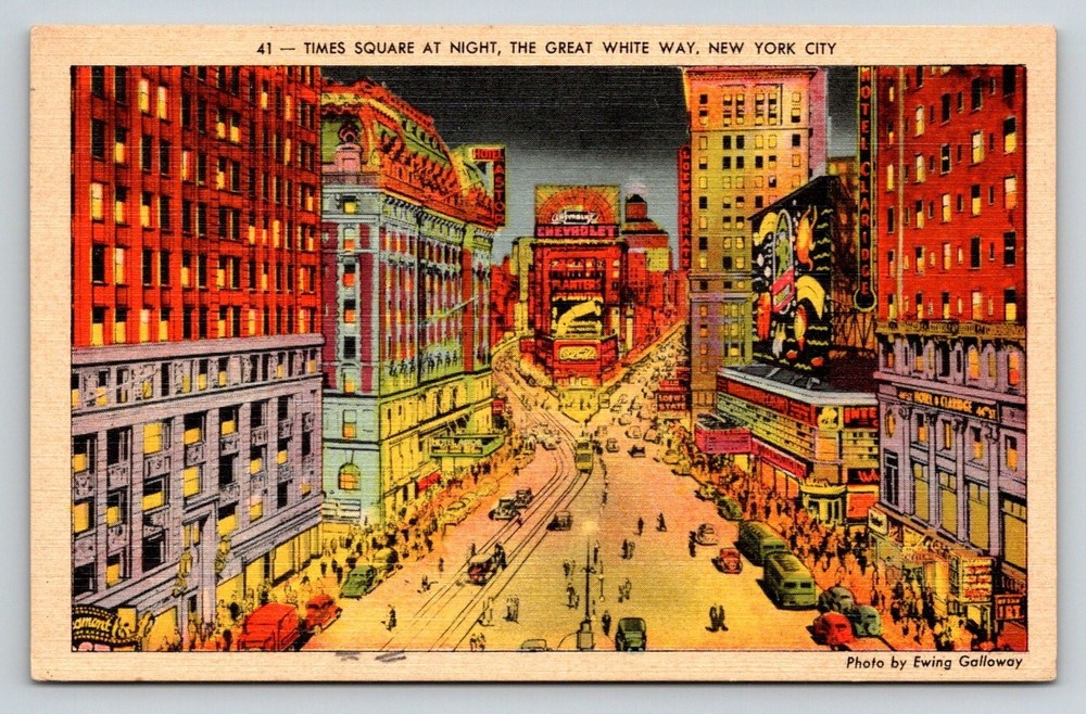 1941 Times Square Night Linen Postcard New York City Great White Way NYC