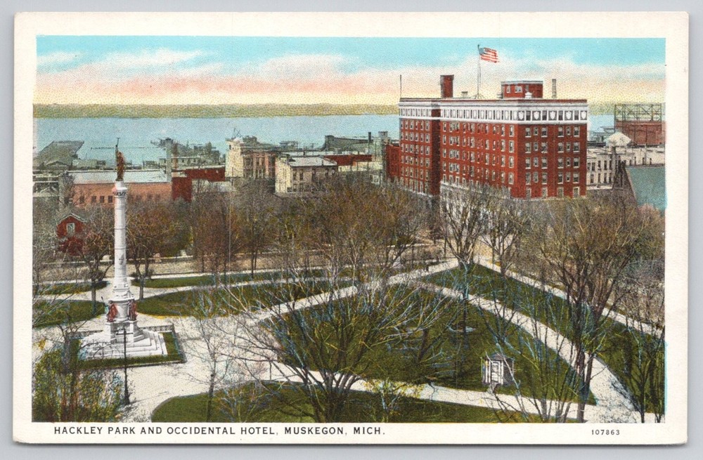 Hackley Park Occidental Hotel Muskegon Michigan Postcard C.T. American Art