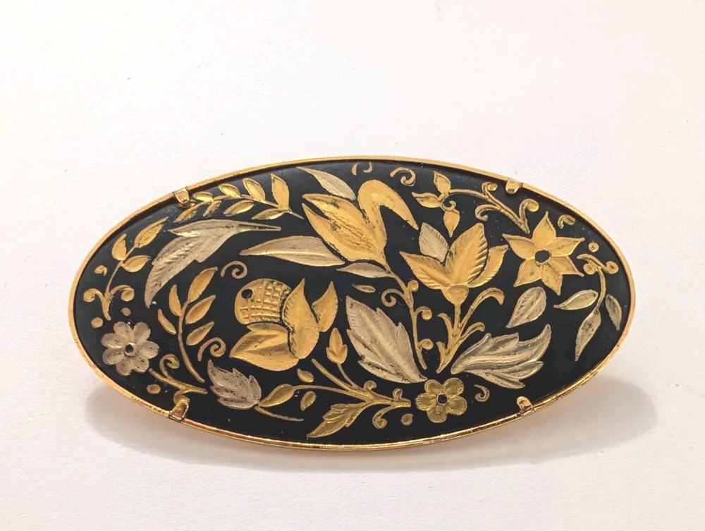 Vintage Damascene Bird Floral Brooch Black Gold Tone Oval Pin Trombone Clasp