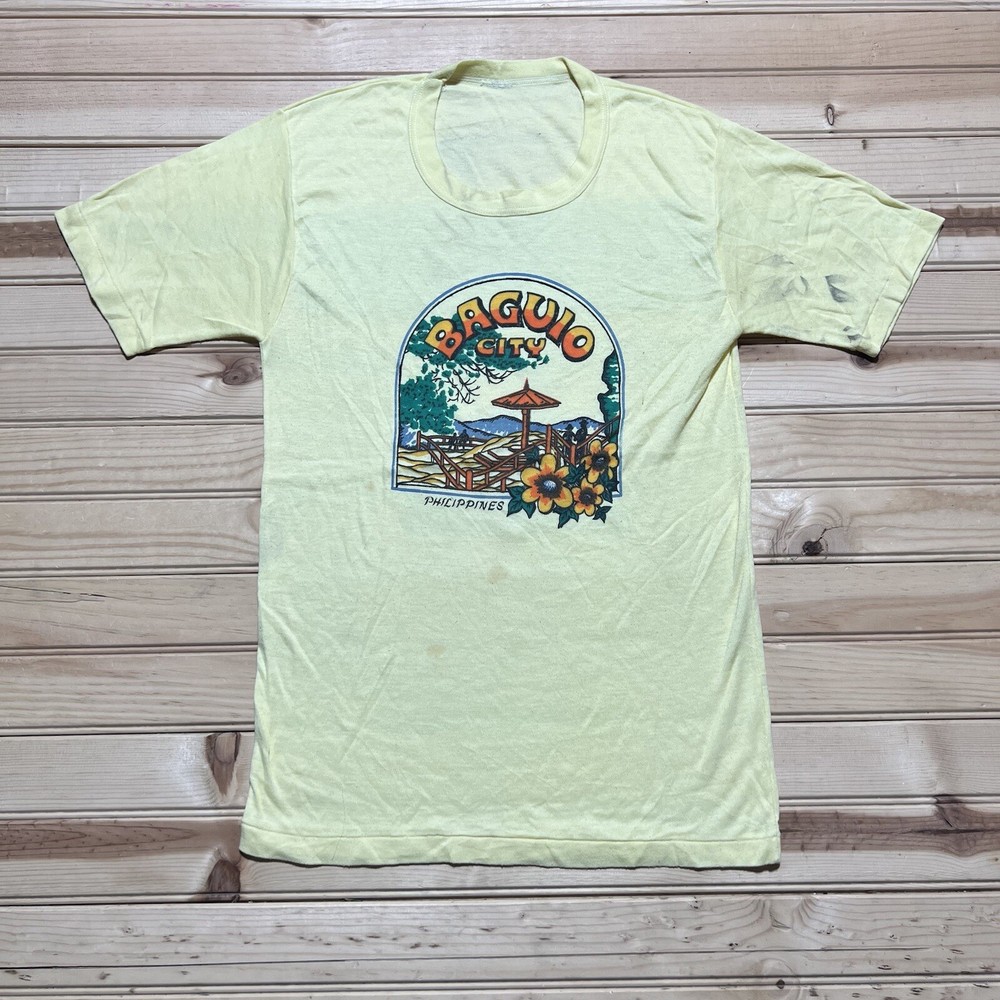 Vintage 70s Baguio City Philippines Travel Nature Art Flower Shirt Size Small