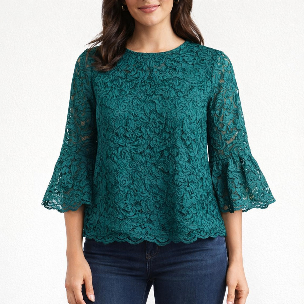 Zara Womens XS Green Lace Sheer Top Blouse Flare Sleeves