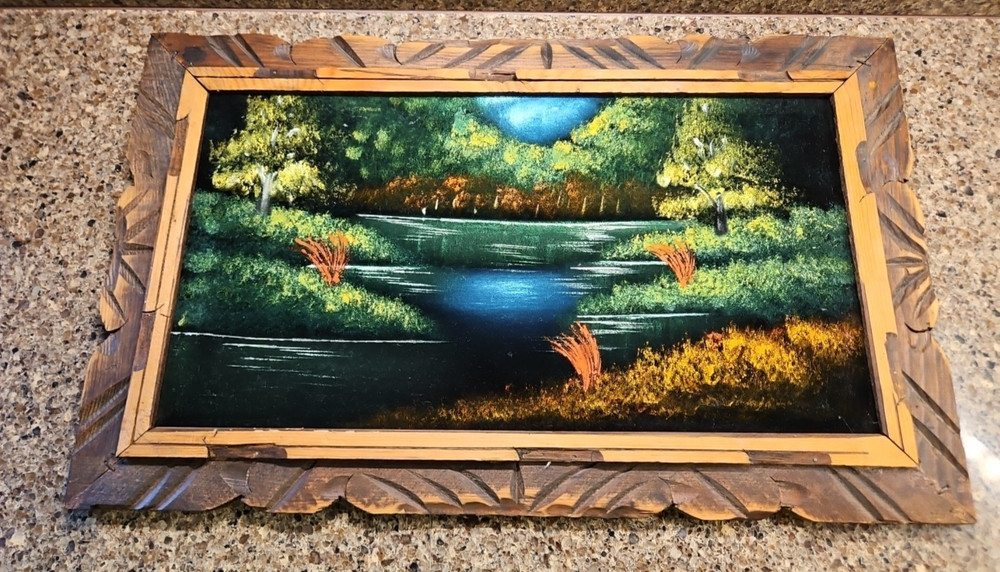 Black Velvet River Forest Scene Painting Carved Wooden Frame 14.75