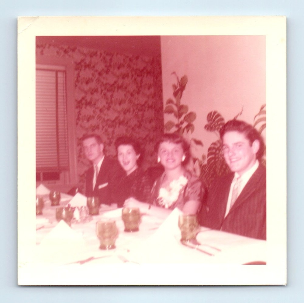 Old Vintage Square Color Photo MEN WOMEN SITTING AT DINNER TABLE DINING ROOM