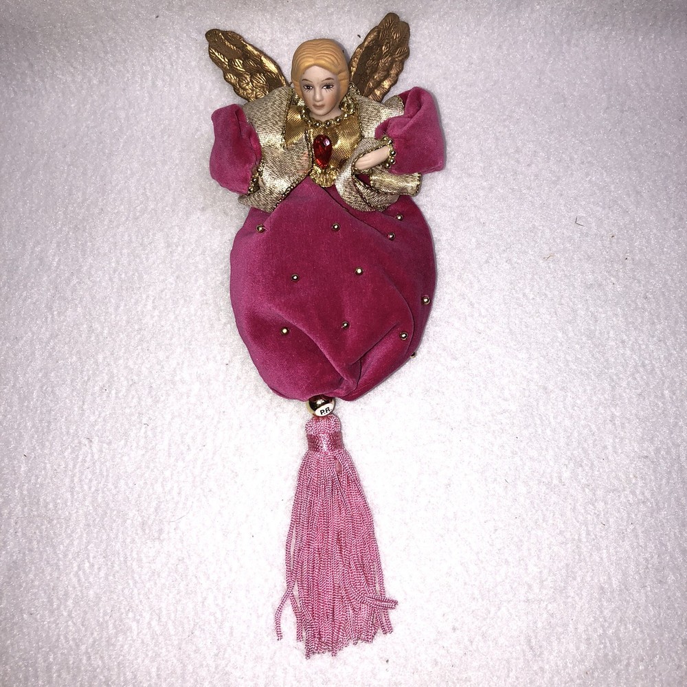 Vintage Porcelain Christmas Angel Ornament with Pink Velvet Dress and Delicate Wings