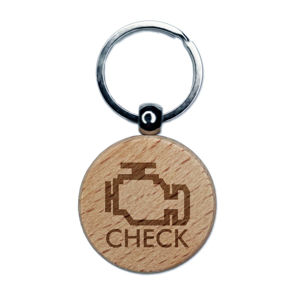 Car Check Engine Light Engraved Wood Round Keychain Tag Charm