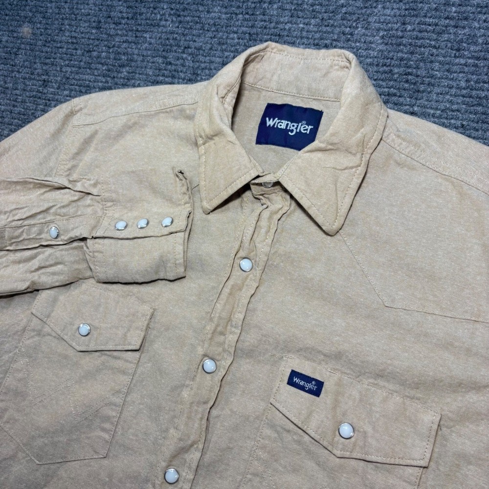 Wrangler Mens Western Snap Button Down Shirt Tan Khaki Long Sleeve Pearl Snap M