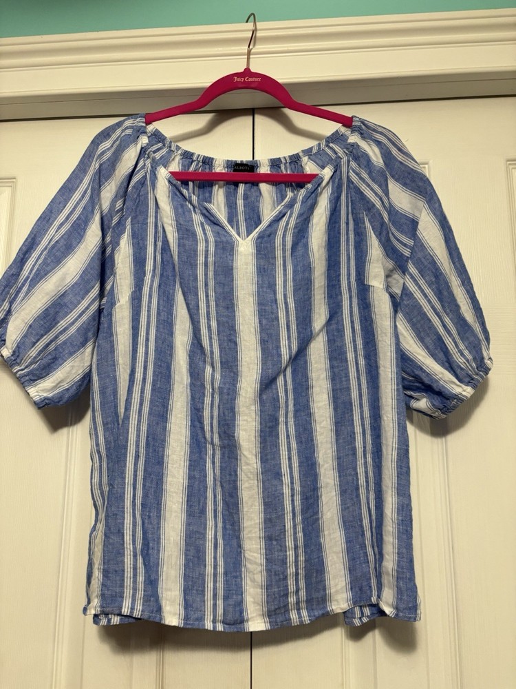 Talbots Women's Linen Blue White Striped Woven V-Neck Puff Sleeve Blouse