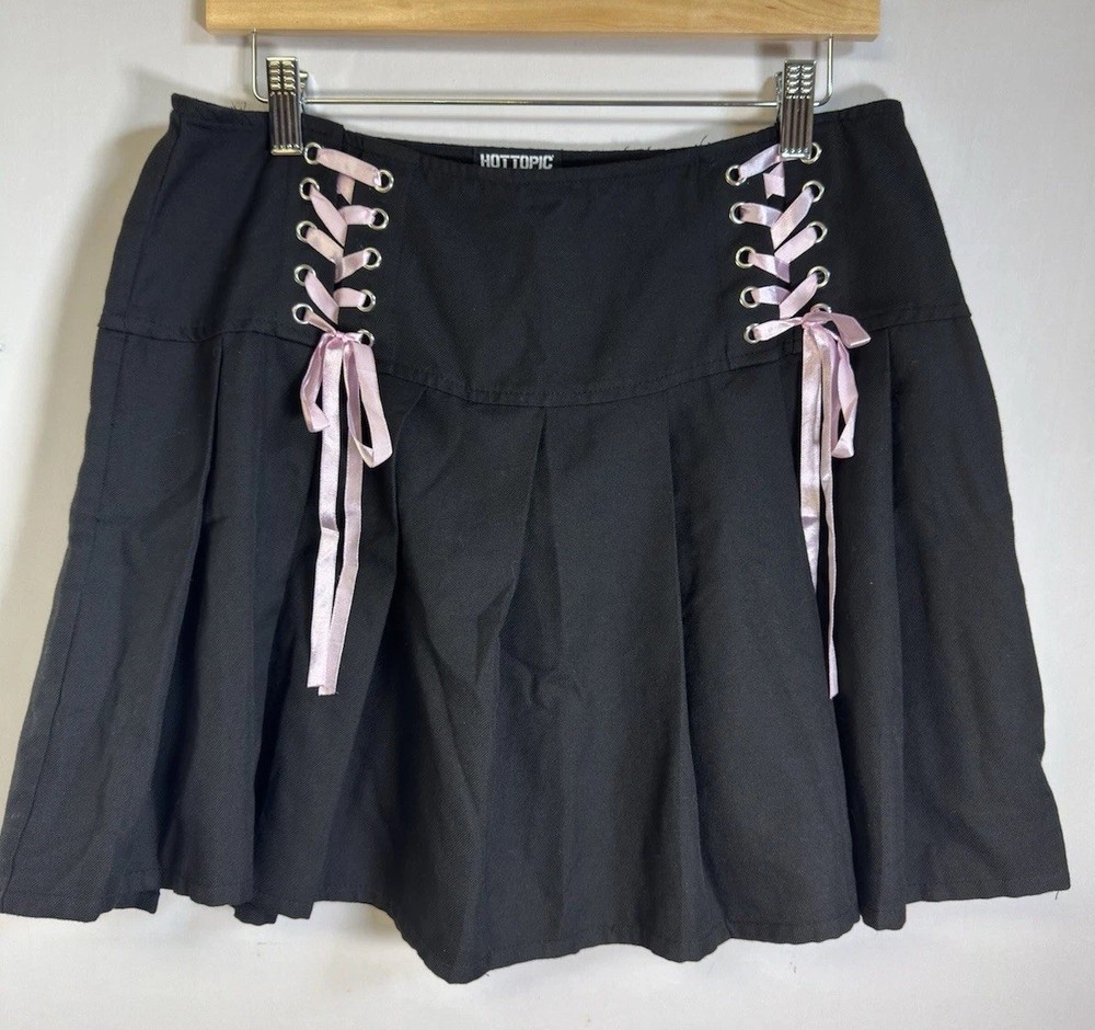 Hot Topic Lace Up Pleated Mini Skirt Black Pink Corset Front XL Y2K