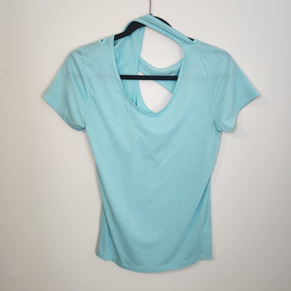 BCG Athletic Top Women Small Aqua Blue Keyhole Workout Shirt Strappy Back Stretc