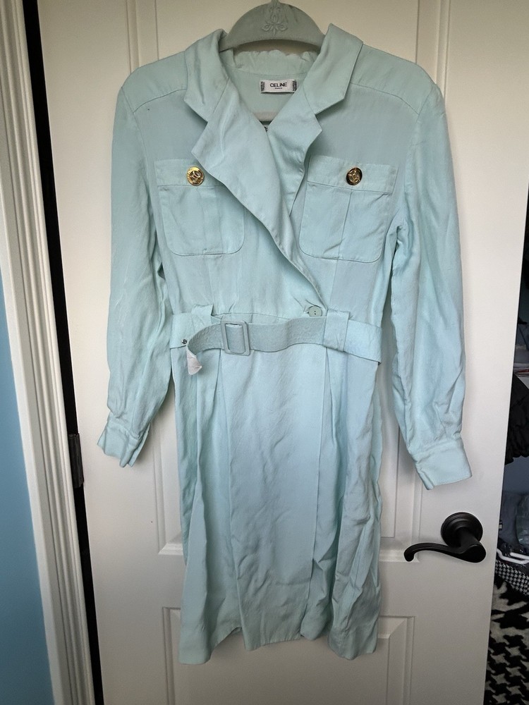 Celine Vintage Mint Green Trench Style Dress Belted with Gold Buttons Fr 40 US 8