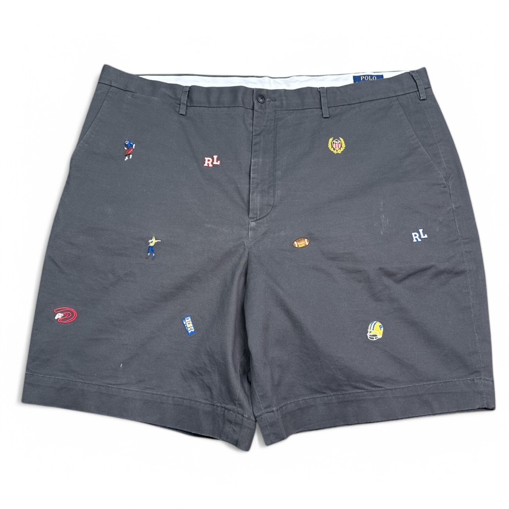 Polo Ralph Lauren Classic Chino Shorts Mens Size 42 AOP Football Logo Gray