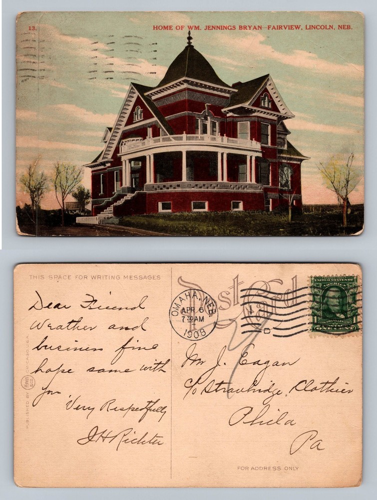Lincoln, NE-Nebraska, Home of William Jennings Bryan Card Vintage c1908 Postcard