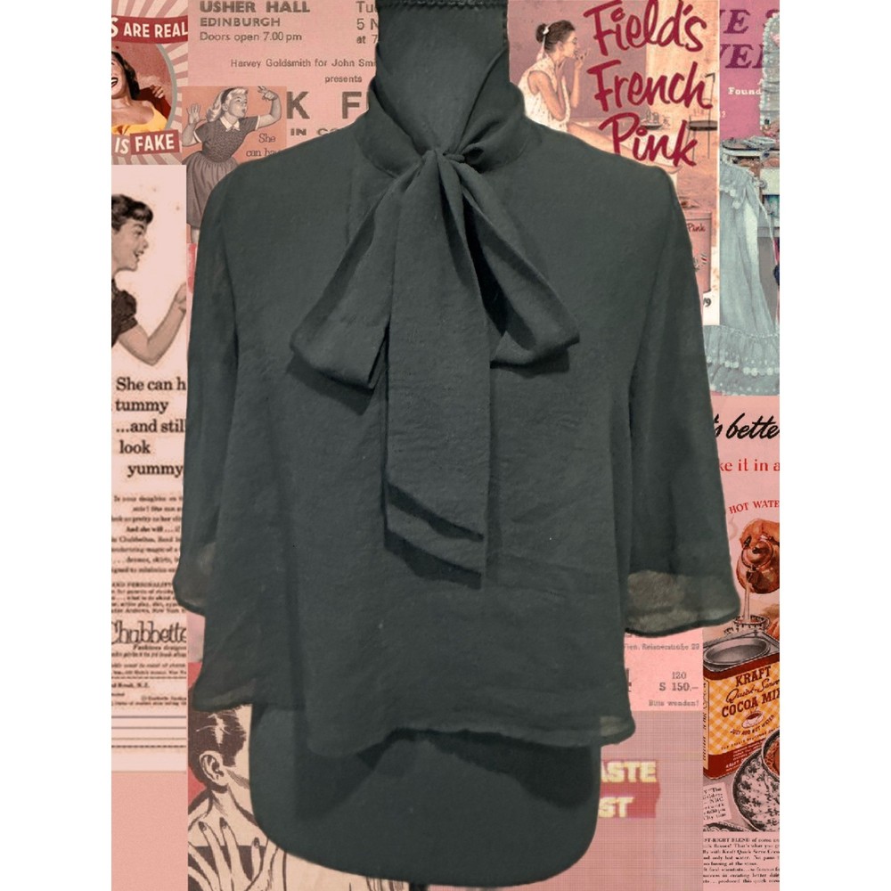 Forever 21 Contemporary Black Chiffon Bow Tie Neck Cape Sleeve Blouse M