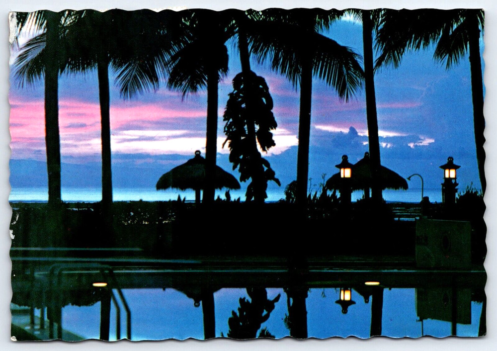 Vintage Picture Photo Postcard Photograph Sunset Resort Palm Trees Bali Beach
