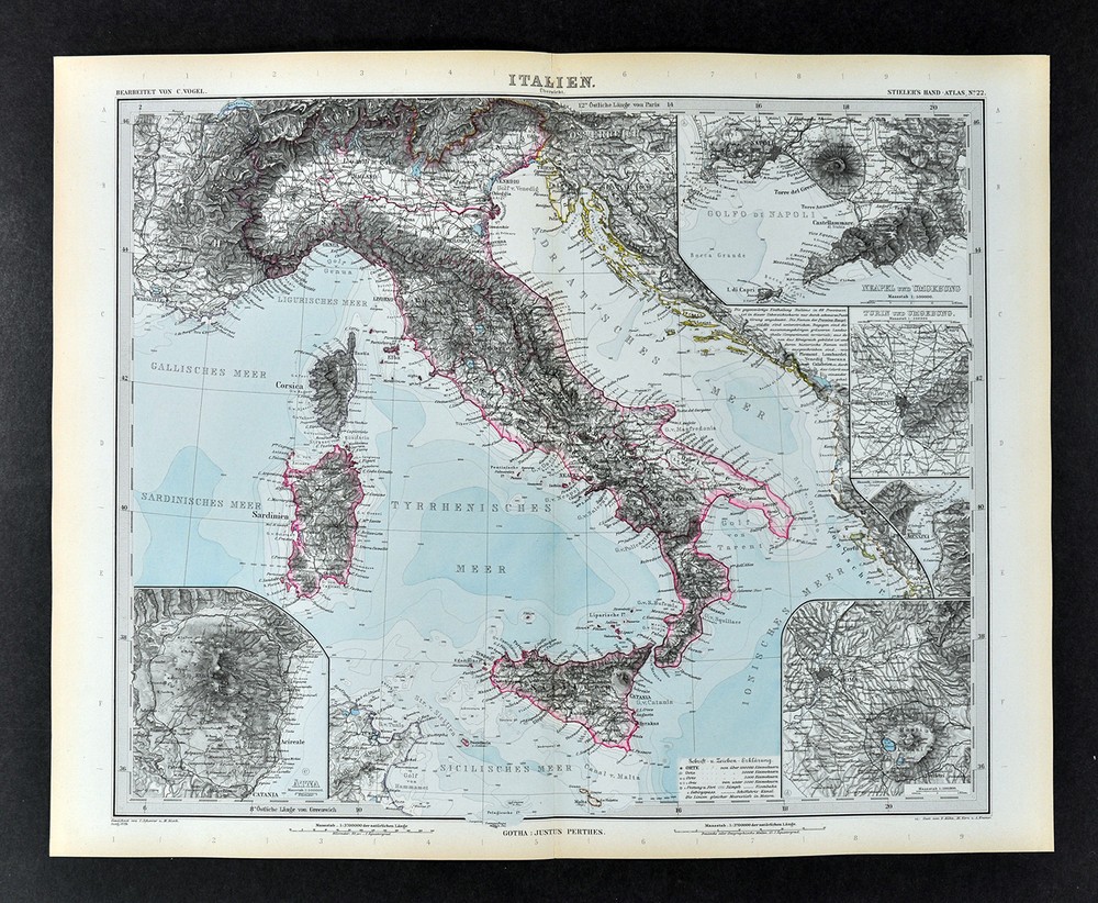 1892 Stieler Map Italy Rome Sicily Naples Vesuvius Etna Florence Venice Croatia