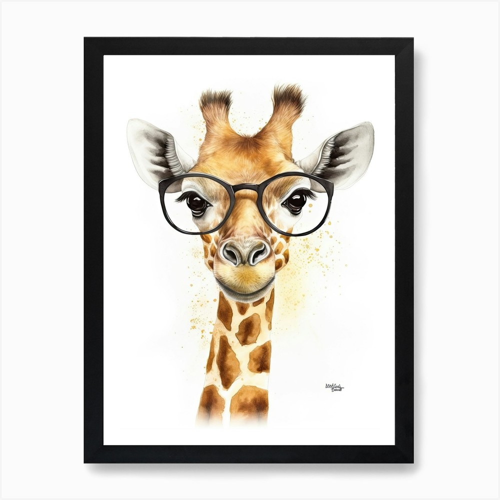 Smart Baby Giraffe in Glasses Framed Wall Art Canvas Print  