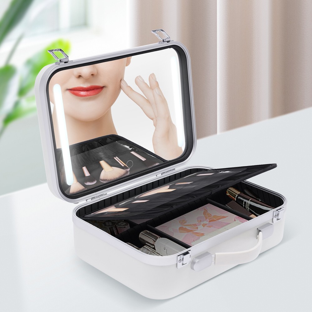 Makeup Case Large Makeup Artist Organizer Box With Lights & Mirror & Dividers