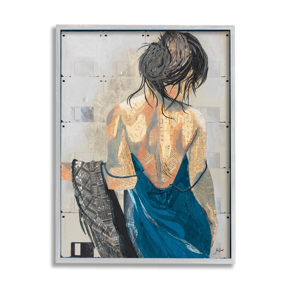 Girl with Music Notes Collage Gray Framed Giclee Art Design by Stacy Gresell