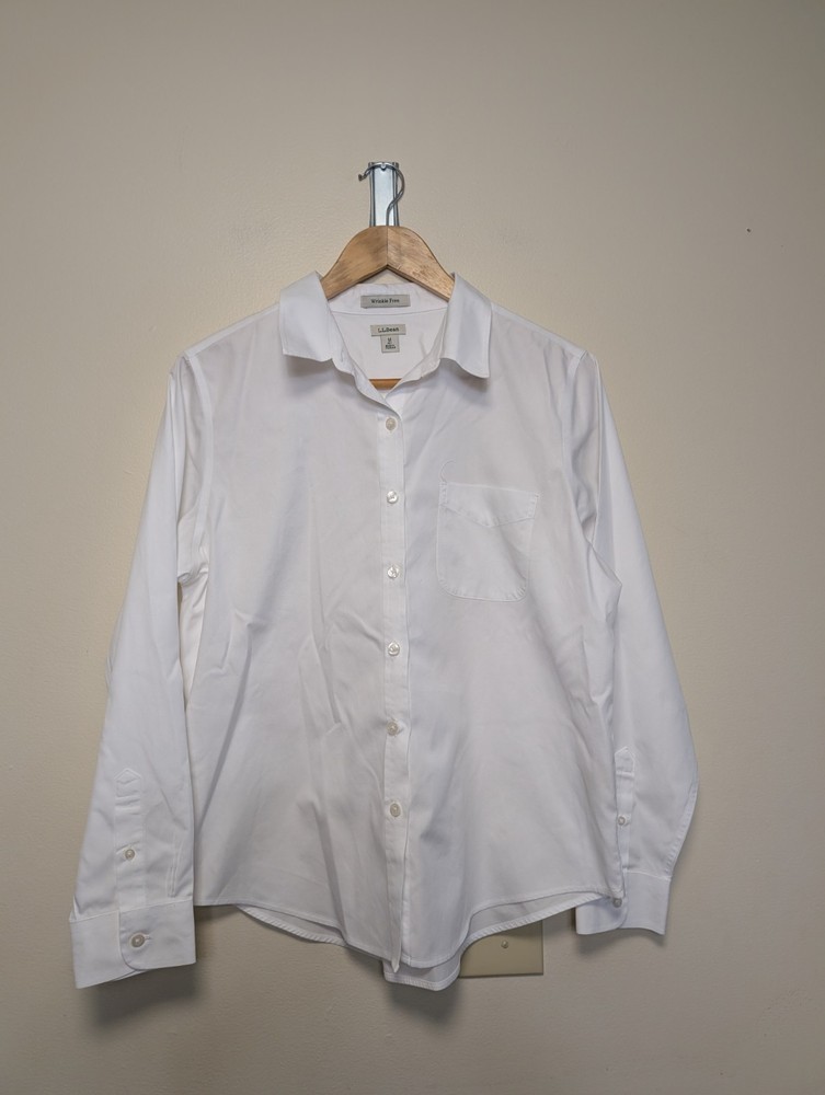 L.L. Bean Womens White Cotton Wrinkle-Free Button-Up Shirt Medium Petite