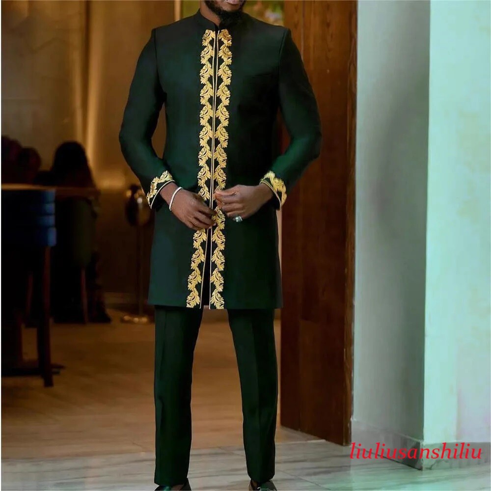 2 Pcs Mens Dashiki African Clothes Wedding Tops+Pants Ethnic Style Set Outfits