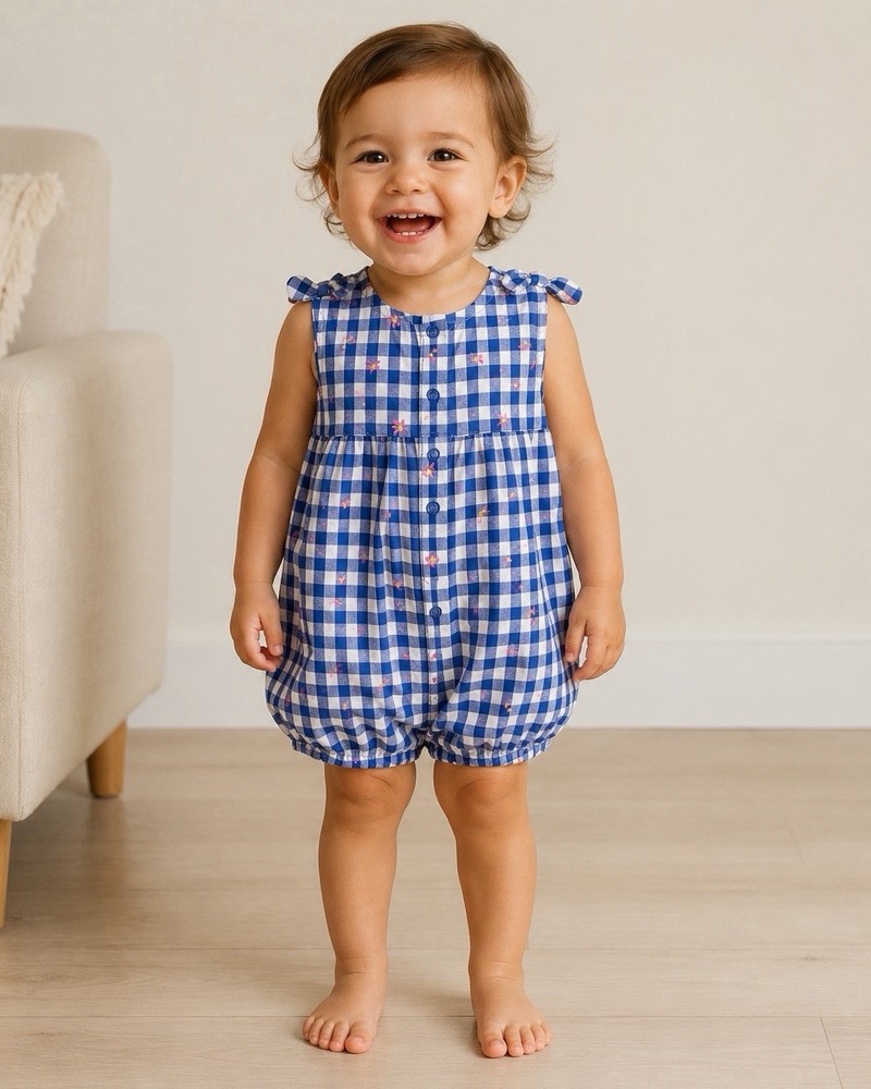 Carter's Girls Gingham Floral Romper One-Piece Blue White Sleeveless Size 24M