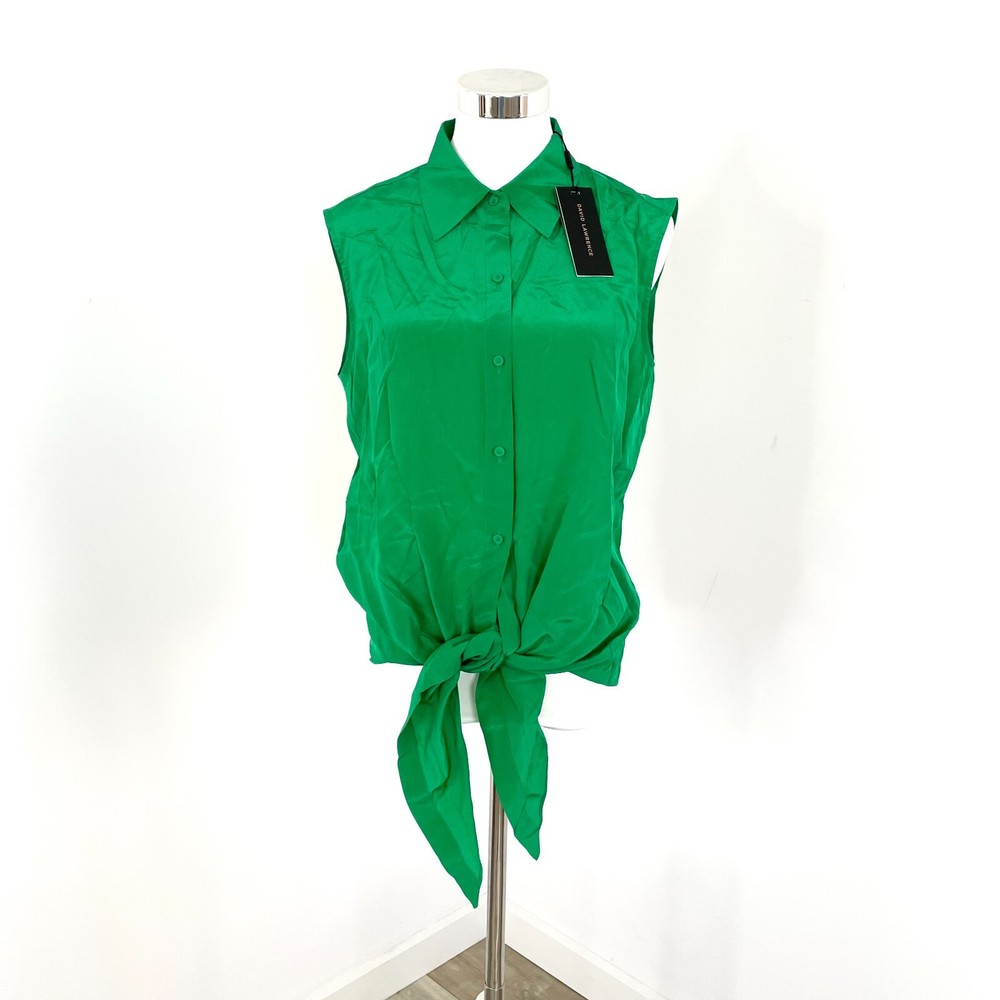 David Lawrence Ellie Silk Tie Front Top Womens Size 8 Emerald Green Button Up New