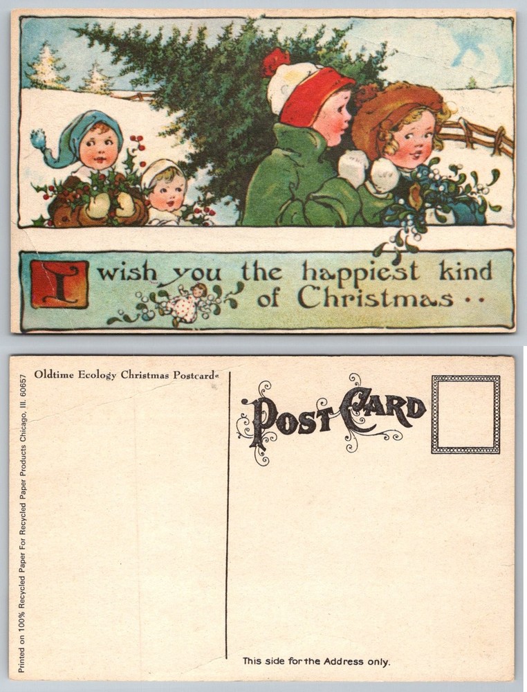 Vintage Style Christmas Postcard Children Snow Holly Mistletoe Ecology Reprint