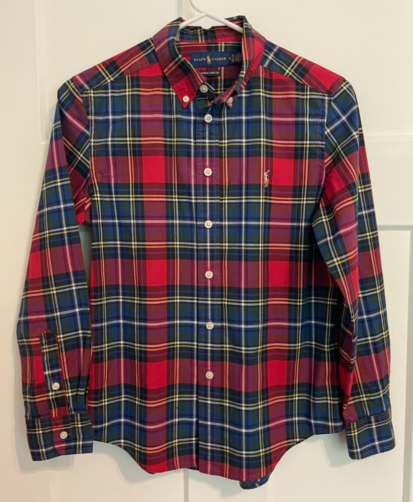 POLO RALPH LAUREN Boys Button SHIRT Long Sleeve RED Green White PLAID Sz L 10-12