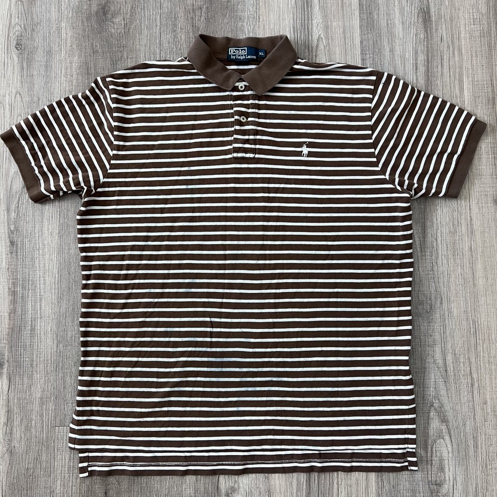 Classic Polo Ralph Lauren Men's Large Shirt Brown Striped Short Sleeve Pony Logo