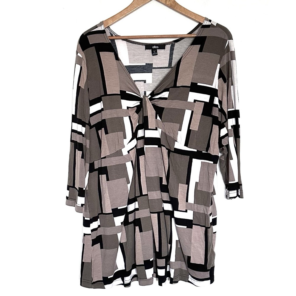 Ellos Plus Shirt Women’s 1X Geometric Boho 3/4 Sleeve Lightweight Pullover Top