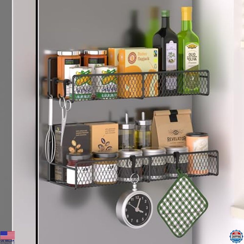 Magnetic Spice Rack Set with 2 Metal Shelves and Hooks for Kitchen Storage