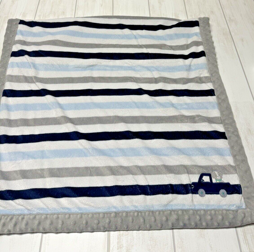 Carters Child Of Mine Grey Blue White Striped Puppy Dog Truck Baby Blanket plush
