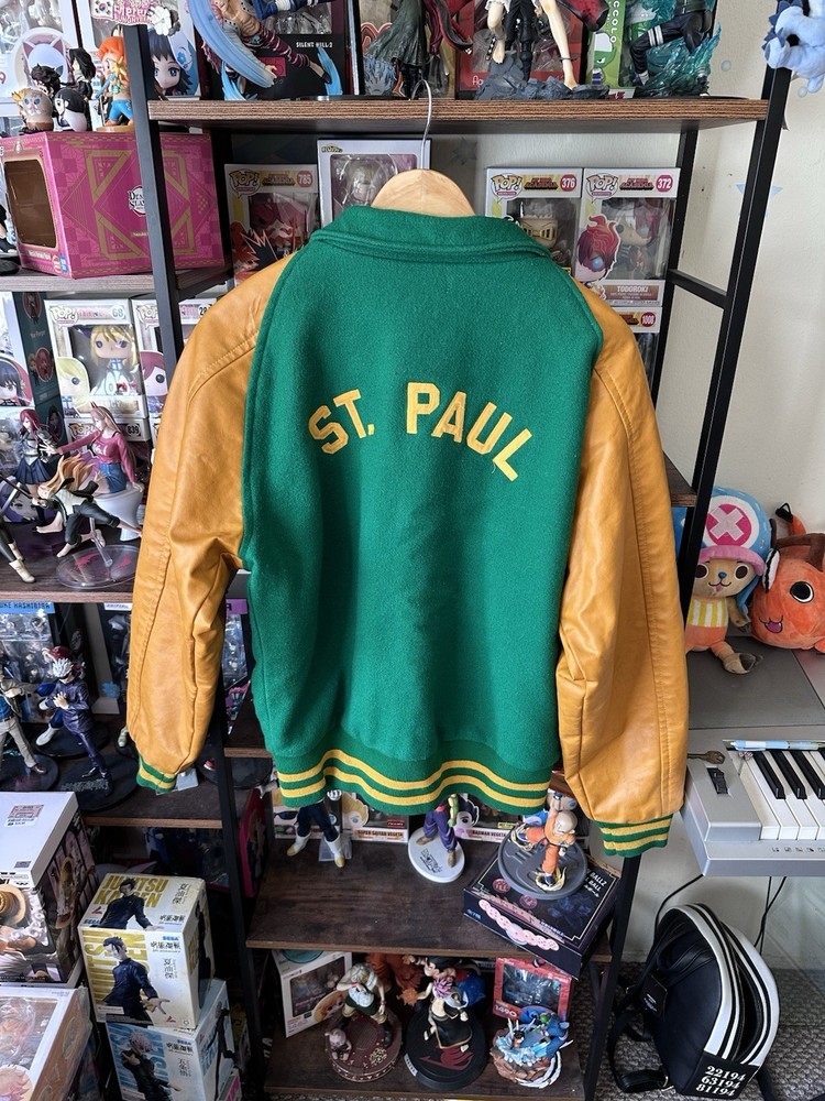Vintage St Paul Varsity Jacket Green Yellow Sleeve Wool USA Bomber Letterman M