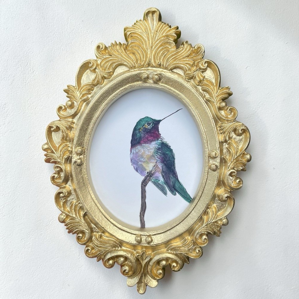 Hummingbird mini watercolor print of original painting • vintage ornate frame
