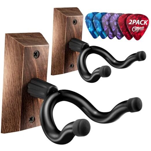 Guitar Wall Mount 2 Pack, Black Walnut Guitar Wall with 6 Assorted Picks