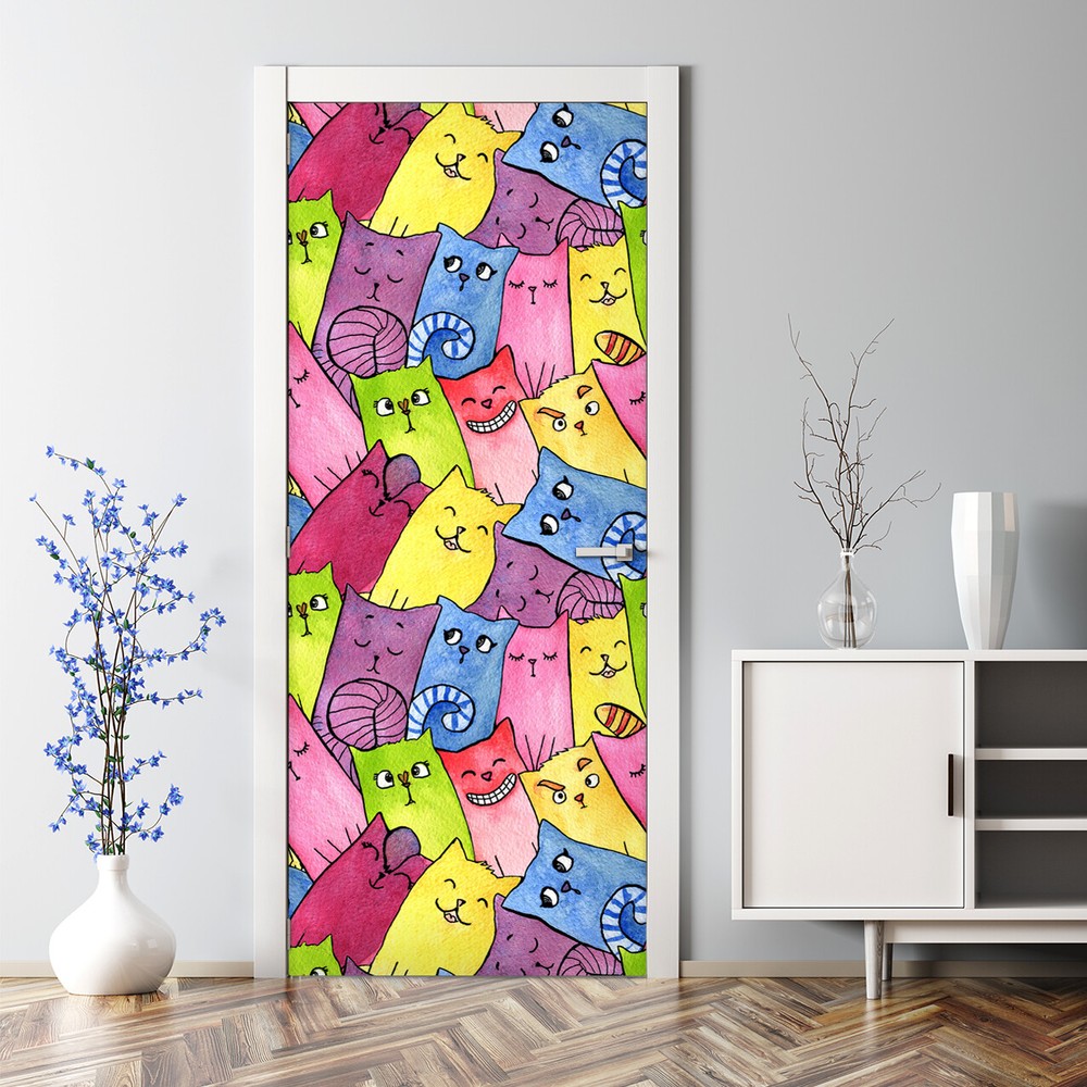 Happy Cats Bubble Free Door sticker Animals Decal Watercolour decor Pets