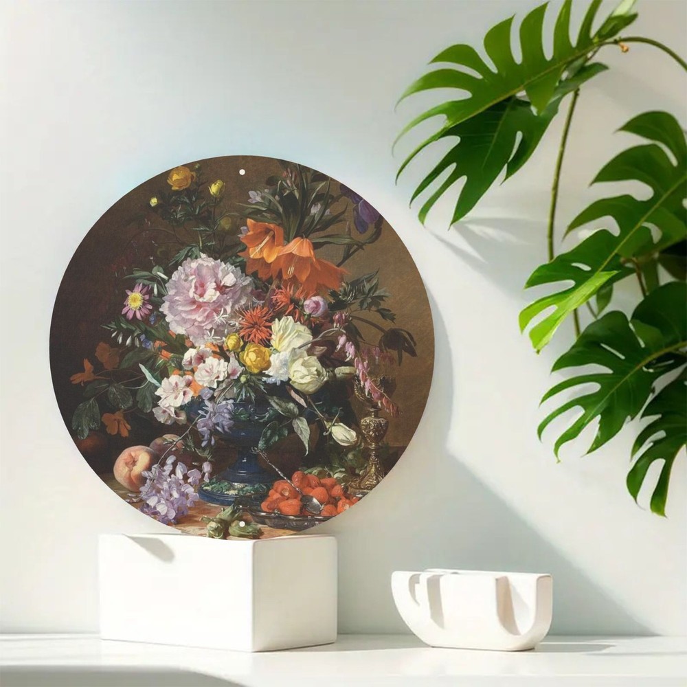 Vintage Floral Round Aluminum Wall Art Vibrant Bouquet Design
