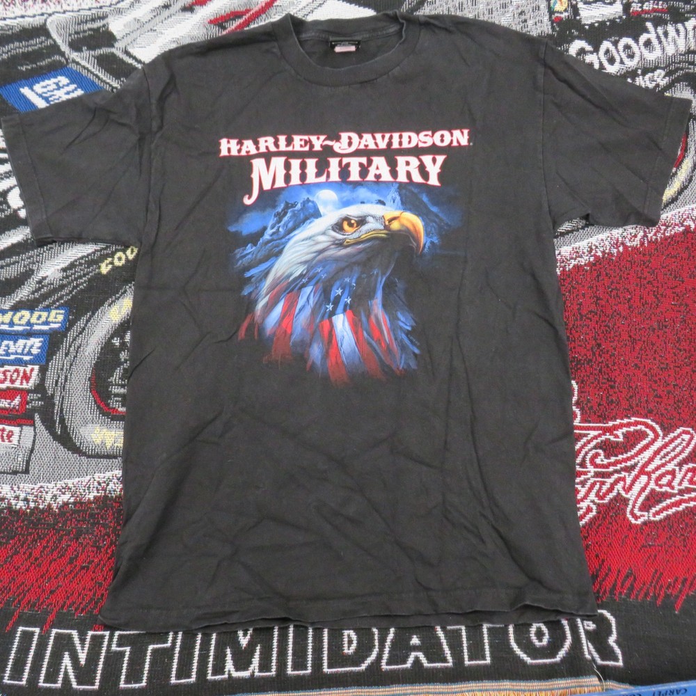 Harley Davidson Military Overseas Tour T-Shirt Black Patriotic Bald Eagle Size L